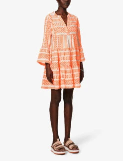 Devotion Twins Ella Flared-sleeve Stretch-cotton Mini Dress 9 Devotion Twins Ella Flared-sleeve Stretch-cotton Mini Dress -Sweaty Betty Store R03886533 NEONORANGEOFFWHITE ALT02