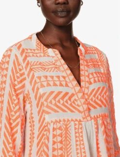 Devotion Twins Ella Flared-sleeve Stretch-cotton Mini Dress 11 Devotion Twins Ella Flared-sleeve Stretch-cotton Mini Dress -Sweaty Betty Store R03886533 NEONORANGEOFFWHITE ALT04