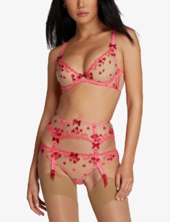 AGENT PROVOCATEUR Cupid Bow-embellished Semi-sheer Mesh Suspender Belt -Sweaty Betty Store R03907083 REDPINK ALT02