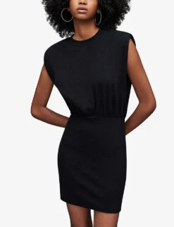 AllSaints Mika Padded-shoulders Stretch-organic Cotton Mini Dress -Sweaty Betty Store R03929636 BLACK ALT02