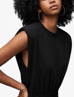 AllSaints Mika Padded-shoulders Stretch-organic Cotton Mini Dress -Sweaty Betty Store R03929636 BLACK ALT04