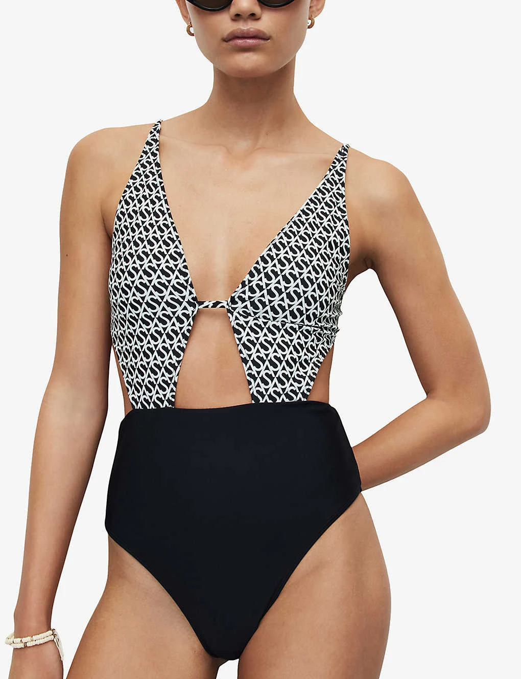 AllSaints Petra Monogram-print Stretch Recycled-polyamide Swimsuit 5 AllSaints Petra Monogram-print Stretch Recycled-polyamide Swimsuit - Image 3