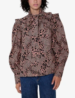 Genna Pussy-bow Ruffle-detail Organic-cotton Blouse -Sweaty Betty Store R04061033 MIXEDLEOPARD ALT02