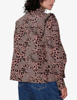 Genna Pussy-bow Ruffle-detail Organic-cotton Blouse -Sweaty Betty Store R04061033 MIXEDLEOPARD ALT03