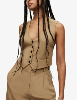 AllSaints Deri Lyn Recycled Polyester-lined Woven Waistcoat 11 AllSaints Deri Lyn Recycled Polyester-lined Woven Waistcoat -Sweaty Betty Store R04080474 LIGHTKHAKIBR ALT04