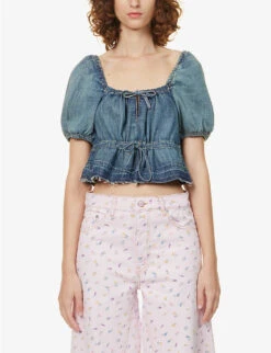 Ganni Puff-sleeve Peplum-hem Organic-cotton Top 9 Ganni Puff-sleeve Peplum-hem Organic-cotton Top -Sweaty Betty Store R04083967 TINTWASH ALT02