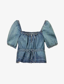 Ganni Puff-sleeve Peplum-hem Organic-cotton Top