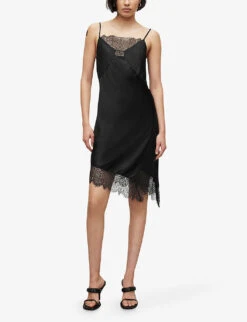 AllSaints Eldia Lace-trim Asymmetric-hem Silk-blend Mini Dress -Sweaty Betty Store R04087333 BLACK ALT02