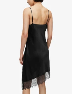 AllSaints Eldia Lace-trim Asymmetric-hem Silk-blend Mini Dress -Sweaty Betty Store R04087333 BLACK ALT03