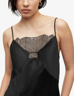 AllSaints Eldia Lace-trim Asymmetric-hem Silk-blend Mini Dress -Sweaty Betty Store R04087333 BLACK ALT04