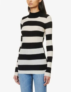 Joseph Striped High-neck Cashmere Knitted Top -Sweaty Betty Store R04095364 BLACKIVORY ALT02
