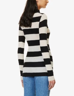 Joseph Striped High-neck Cashmere Knitted Top -Sweaty Betty Store R04095364 BLACKIVORY ALT03