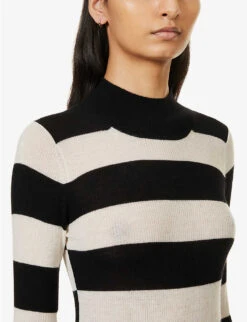 Joseph Striped High-neck Cashmere Knitted Top -Sweaty Betty Store R04095364 BLACKIVORY ALT04
