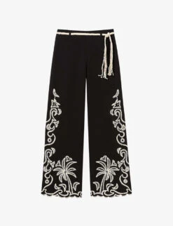 Maje Palmeraie Floral-embroidered Wide-leg Cotton Trousers