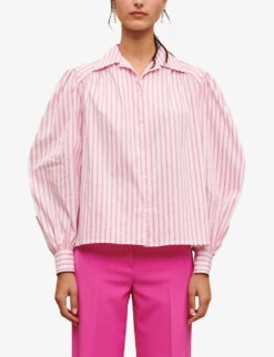Maje Cyta Striped Balloon-sleeved Stretch-cotton Blend Shirt 9 Maje Cyta Striped Balloon-sleeved Stretch-cotton Blend Shirt -Sweaty Betty Store R04101935 ROSES ALT02