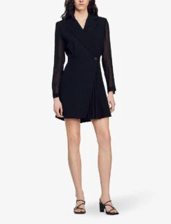 Sandro Wrap-over Woven And Wool-blend Mini Dress -Sweaty Betty Store R04102334 NOIRGRIS ALT02