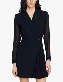 Sandro Wrap-over Woven And Wool-blend Mini Dress -Sweaty Betty Store R04102334 NOIRGRIS ALT05