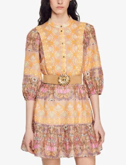 Sandro Geometric Floral-print Linen-blend Mini Dress 13 Sandro Geometric Floral-print Linen-blend Mini Dress -Sweaty Betty Store R04102395 NATURELS ALT05