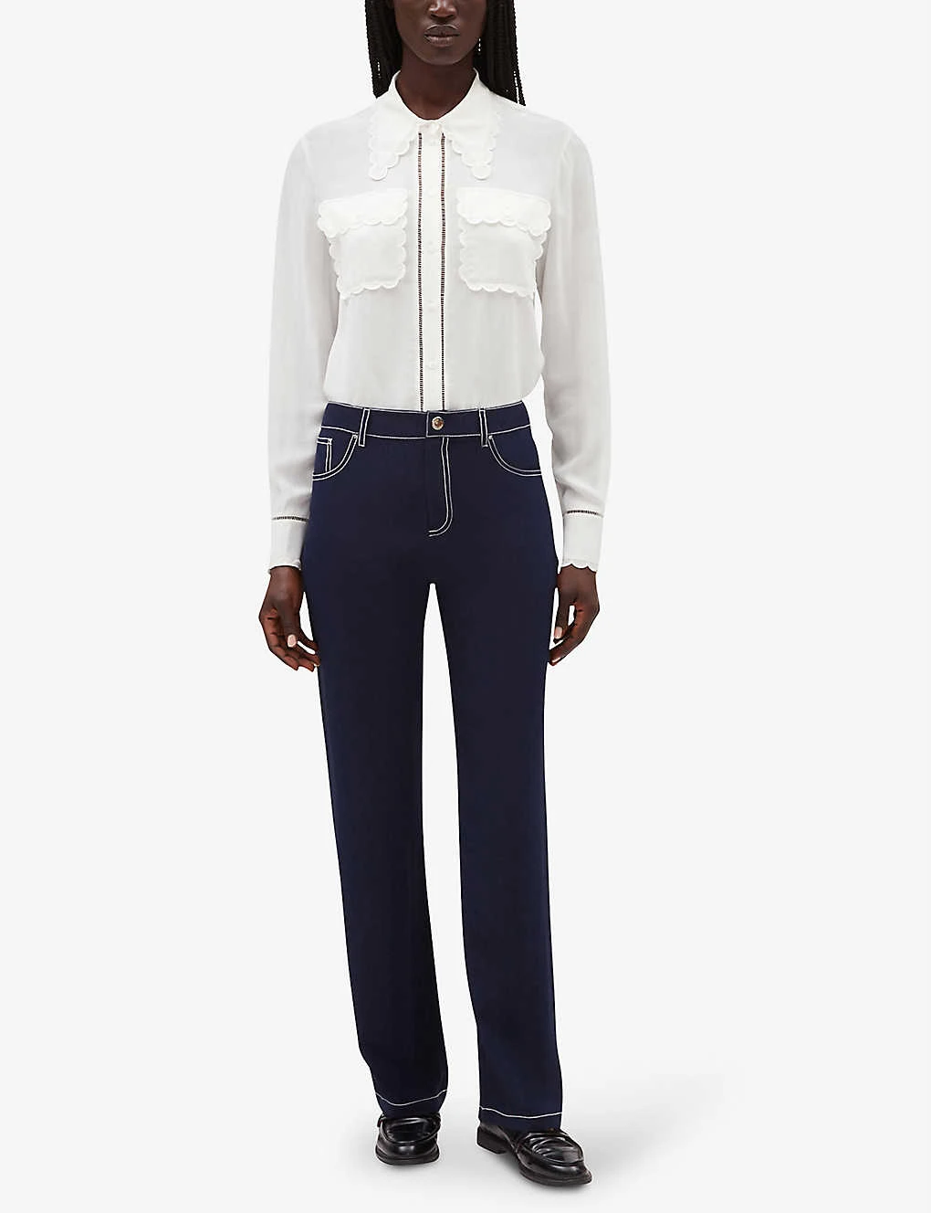 CLAUDIE PIERLOT Palinosoie Cropped Contrast Topstitch Silk Trousers 4 CLAUDIE PIERLOT Palinosoie Cropped Contrast Topstitch Silk Trousers - Image 2