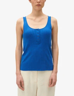 CLAUDIE PIERLOT Togo Ribbed Half-buttoned Cotton-blend Vest Top 9 CLAUDIE PIERLOT Togo Ribbed Half-buttoned Cotton-blend Vest Top -Sweaty Betty Store R04103471 BLEUS ALT02