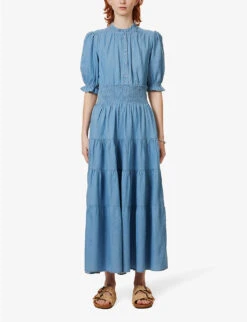 ME AND EM Shirred-waist Tiered-hem Cotton Maxi Dress -Sweaty Betty Store R04122197 PALEBLUE ALT02