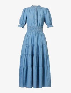 ME AND EM Shirred-waist Tiered-hem Cotton Maxi Dress