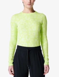Sweaty Betty Glisten Seamless Stretch-woven Top -Sweaty Betty Store R04127230 POMELOGREENLEOPARD ALT02