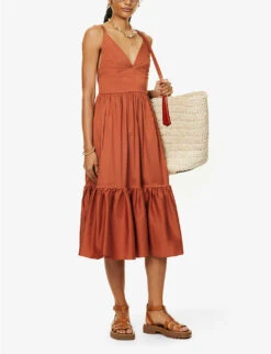 Max Mara Aquila Tiered-trim Stretch-cotton Blend Midi Dress 8 Max Mara Aquila Tiered-trim Stretch-cotton Blend Midi Dress -Sweaty Betty Store R04127755 RUST ALT01