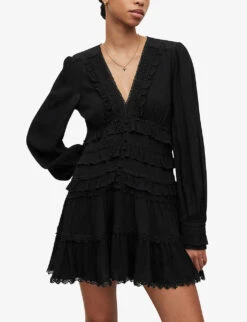 AllSaints Zora Ruffled Woven Mini Dress 9 AllSaints Zora Ruffled Woven Mini Dress -Sweaty Betty Store R04136396 BLACK ALT02