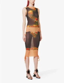 Jean Paul Gaultier Floral-print Slim-fit Woven Midi Dress -Sweaty Betty Store R04137654 BEIGEBLACK ALT02