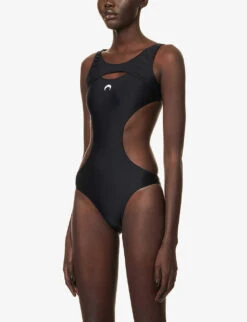 Marine Serre Logo-embroidered Scoop-neck Stretch-recycled Polyamide Swimsuit -Sweaty Betty Store R04142122 BLACK ALT02