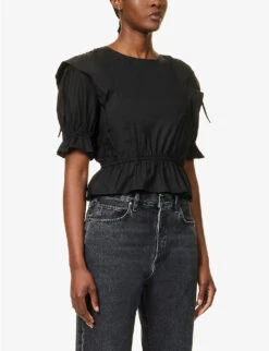FRAME Puff-sleeved Elasticated-waist Organic-cotton Blouse -Sweaty Betty Store R04146402 NOIR ALT02