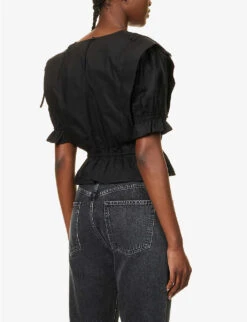 FRAME Puff-sleeved Elasticated-waist Organic-cotton Blouse -Sweaty Betty Store R04146402 NOIR ALT03