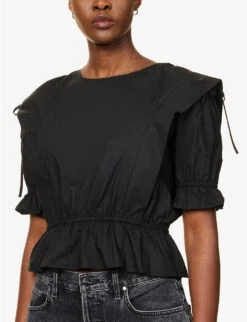 FRAME Puff-sleeved Elasticated-waist Organic-cotton Blouse -Sweaty Betty Store R04146402 NOIR ALT04