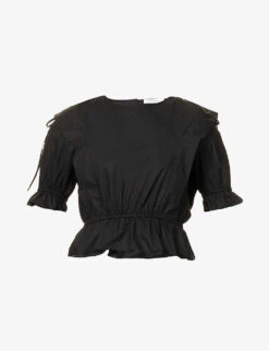 FRAME Puff-sleeved Elasticated-waist Organic-cotton Blouse