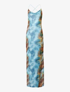 Abstract-print Cowl-neck Mesh Maxi Dress