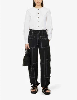 Ganni Contrast-stitched Straight-leg Recycled Polyester-blend Trousers 9 Ganni Contrast-stitched Straight-leg Recycled Polyester-blend Trousers -Sweaty Betty Store R04152934 BLACK ALT01