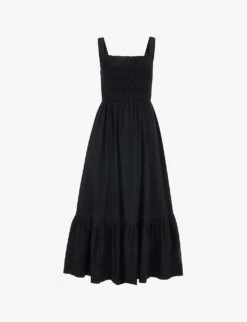 Whistles Greta Shirred-bodice Ruched Cotton-poplin Midi Dress