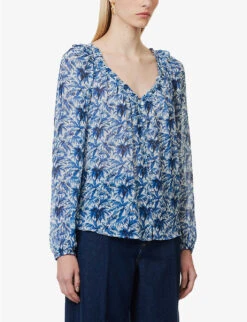 Paige Myla Palm-print Relaxed-fit Silk Blouse -Sweaty Betty Store R04153197 WHITEULTRAMARINE ALT02