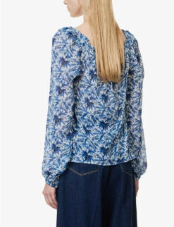 Paige Myla Palm-print Relaxed-fit Silk Blouse -Sweaty Betty Store R04153197 WHITEULTRAMARINE ALT03