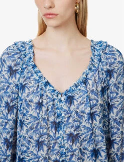 Paige Myla Palm-print Relaxed-fit Silk Blouse -Sweaty Betty Store R04153197 WHITEULTRAMARINE ALT04