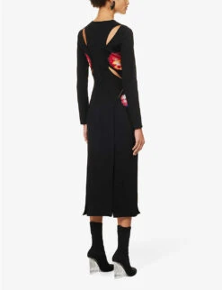 Alexander McQueen Orchid-print Cut-out Knitted Midi Dress 11 Alexander McQueen Orchid-print Cut-out Knitted Midi Dress -Sweaty Betty Store R04154720 BLACKREDYELLOW ALT03