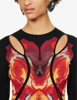 Alexander McQueen Orchid-print Cut-out Knitted Midi Dress 12 Alexander McQueen Orchid-print Cut-out Knitted Midi Dress -Sweaty Betty Store R04154720 BLACKREDYELLOW ALT04
