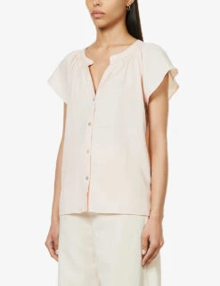 RAILS Alena Flutter-sleeve Shirred-trim Linen-blend Top -Sweaty Betty Store R04158660 PETAL ALT02