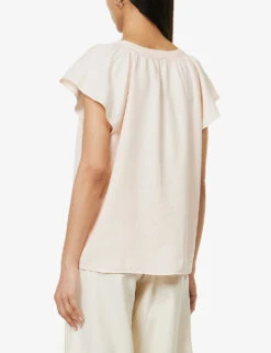 RAILS Alena Flutter-sleeve Shirred-trim Linen-blend Top -Sweaty Betty Store R04158660 PETAL ALT03