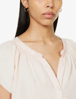 RAILS Alena Flutter-sleeve Shirred-trim Linen-blend Top -Sweaty Betty Store R04158660 PETAL ALT04