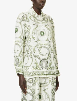 ALEXANDER WANG Graphic-print Split-hem Relaxed-fit Silk Blouse -Sweaty Betty Store R04160707 IVORYGREEN ALT02