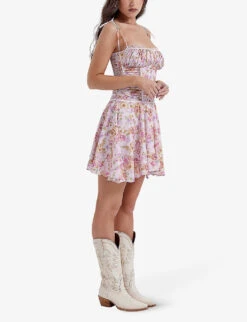 Alejandra Floral-print Lace-trim Woven Mini Dress -Sweaty Betty Store R04160772 LIGHTLAVENDER ALT02