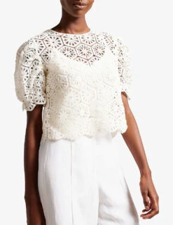 Ted Baker Ambya Puff-sleeve Crochet-knit Stretch Cotton-blend Top 7 Ted Baker Ambya Puff-sleeve Crochet-knit Stretch Cotton-blend Top -Sweaty Betty Store R04166174 WHITE ALT02