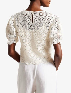 Ted Baker Ambya Puff-sleeve Crochet-knit Stretch Cotton-blend Top 8 Ted Baker Ambya Puff-sleeve Crochet-knit Stretch Cotton-blend Top -Sweaty Betty Store R04166174 WHITE ALT03
